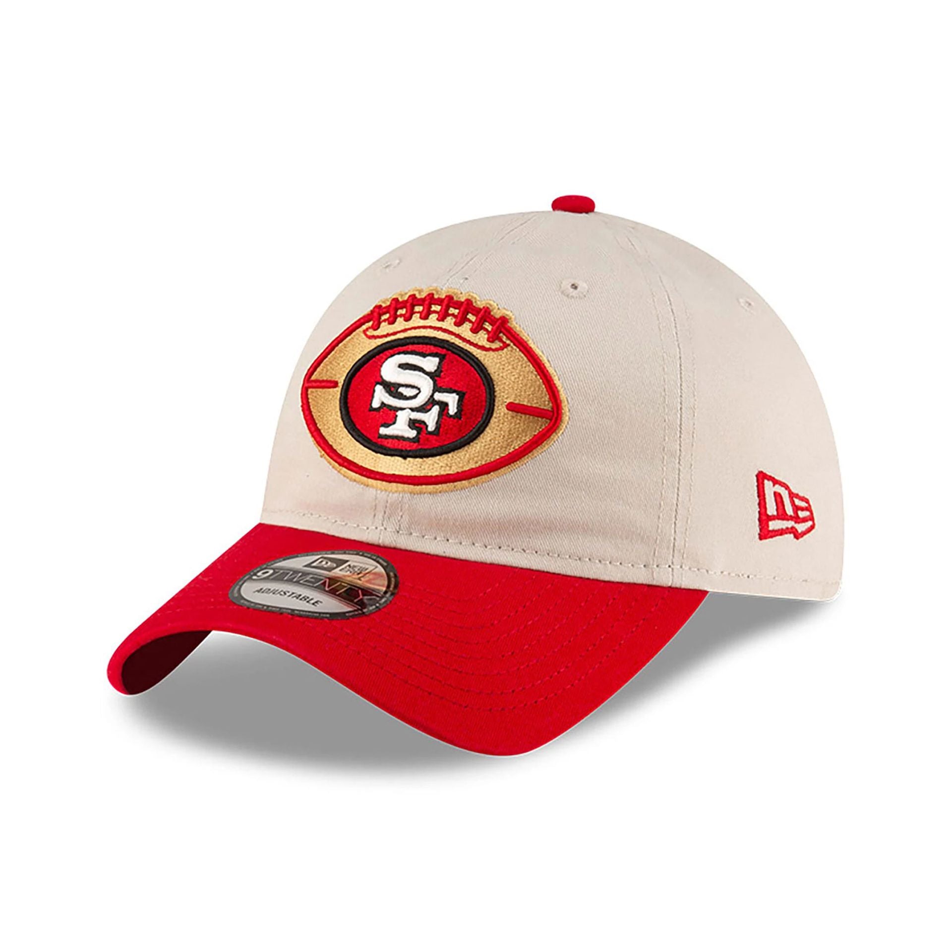 This is a San Francisco 49ers NFL Sideline 2024 Historic Beige 9TWENTY Adjustable Cap 1