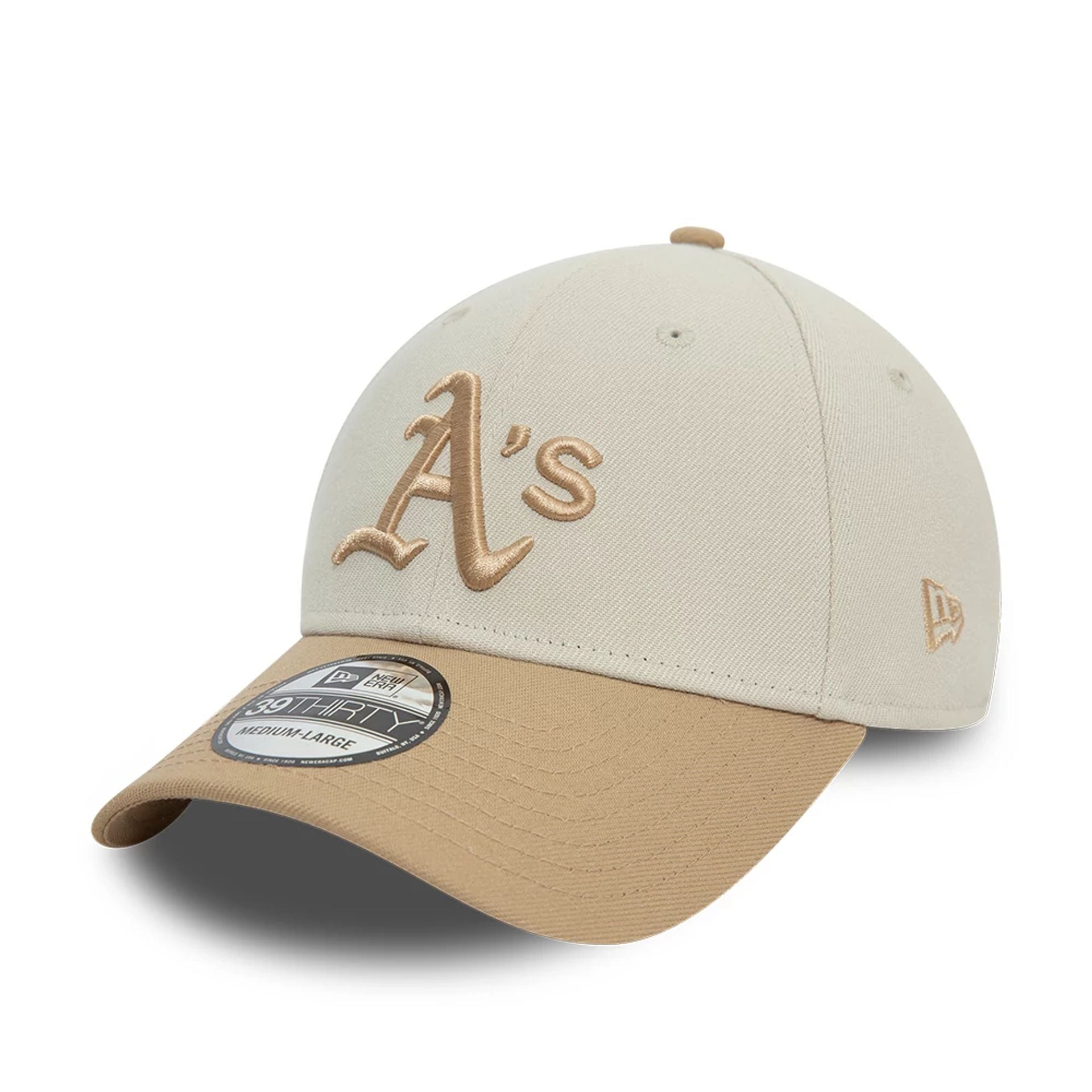 This is a Oakland Athletics Neutral World Series Light Beige 39THIRTY Stretch Fit Cap 1