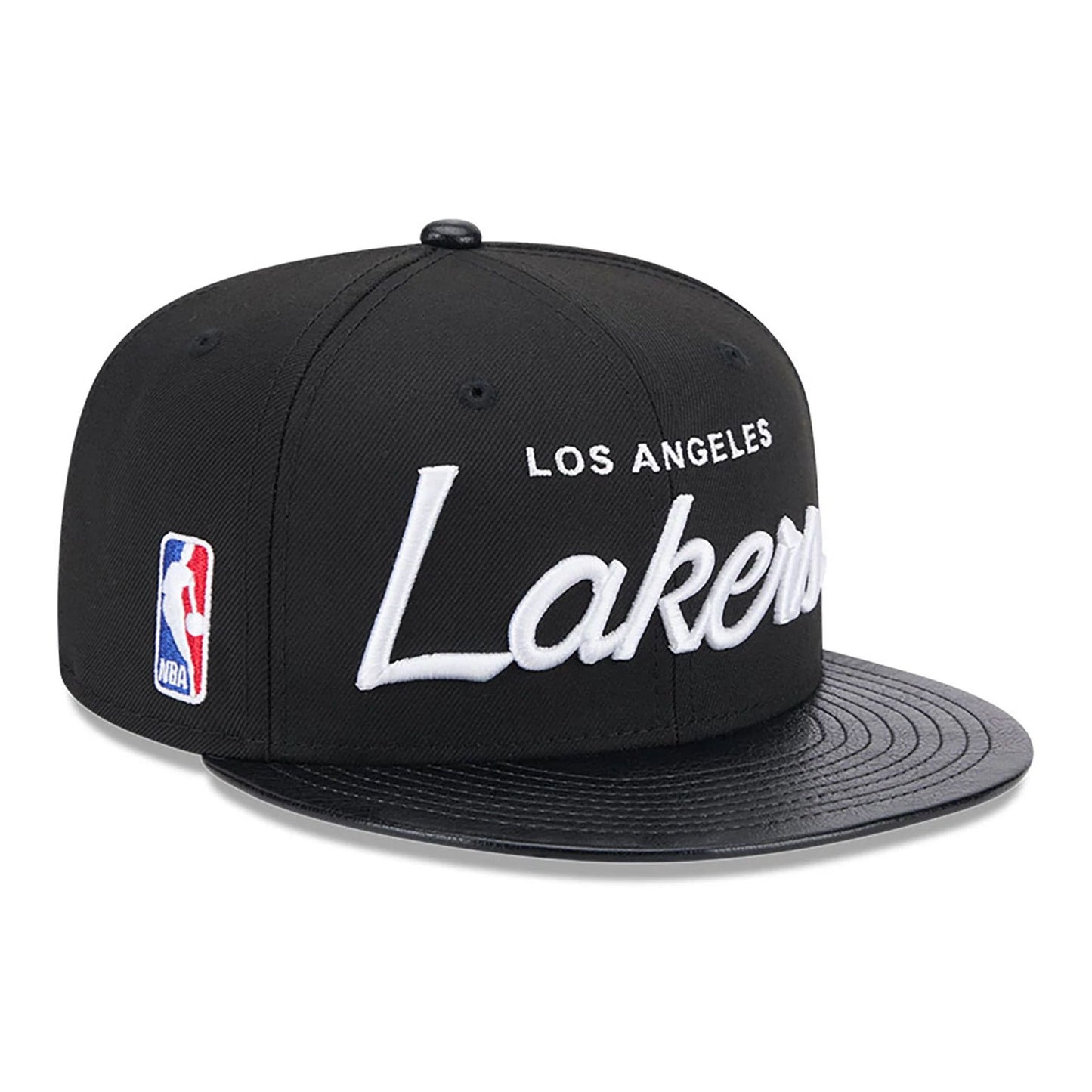 This is a LA Lakers Faux Leather Visor Black 9FIFTY Snapback Cap 1