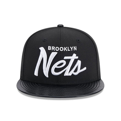 This is a Brooklyn Nets Faux Leather Visor Black 9FIFTY Snapback Cap 3