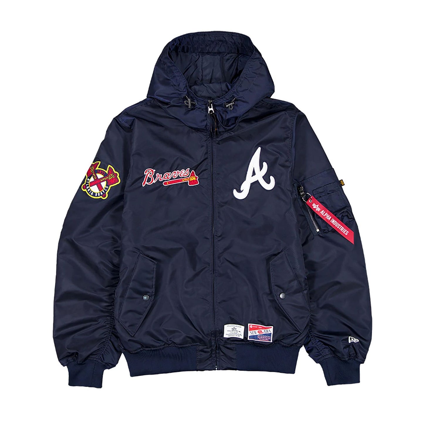 The Male model is wearing Atlanta Braves MLB x Alpha Industries Navy Hooded Bomber Jacket 1