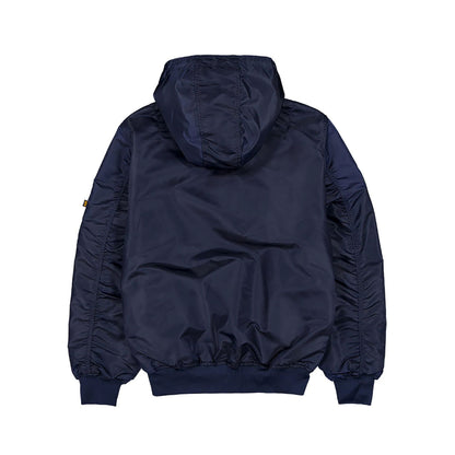 The Male model is wearing Atlanta Braves MLB x Alpha Industries Navy Hooded Bomber Jacket 2