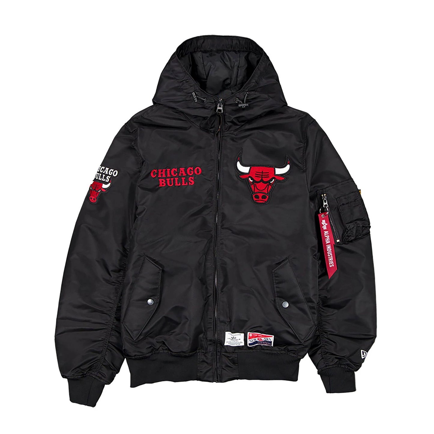 The Male model is wearing Chicago Bulls NBA x Alpha Black Hooded Bomber Jacket 1