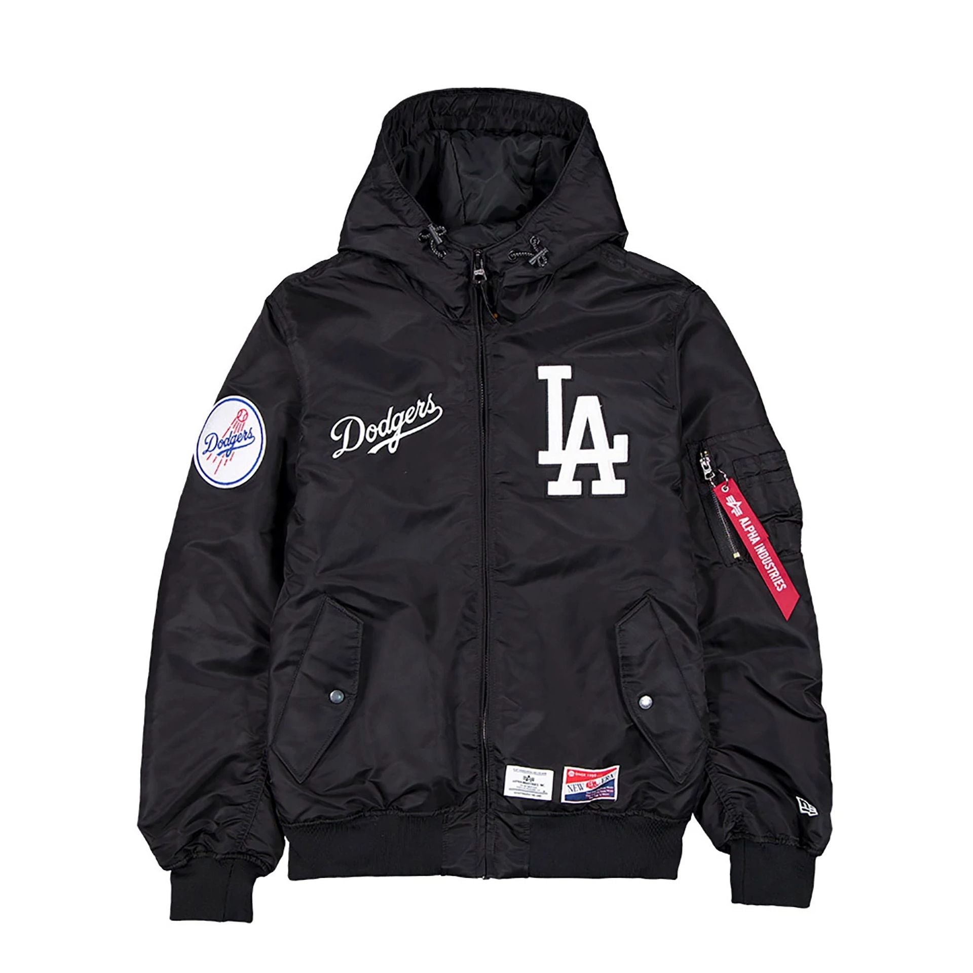 The Male model is wearing LA Dodgers MLB x Alpha Industries Black Hooded Bomber Jacket 1