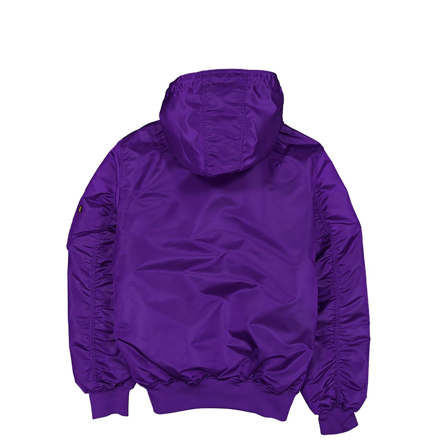 The Male model is wearing LA Lakers NBA x Alpha Purple Hooded Bomber Jacket 2