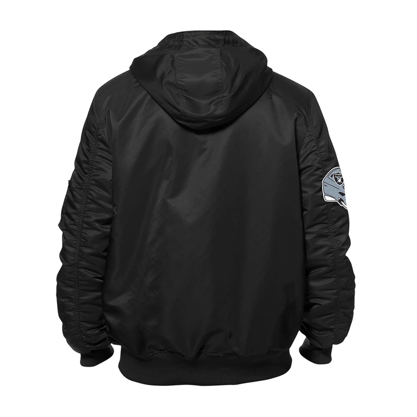 The Male model is wearing Las Vegas Raiders NFL x Alpha Industries Black Hooded Bomber Jacket 2