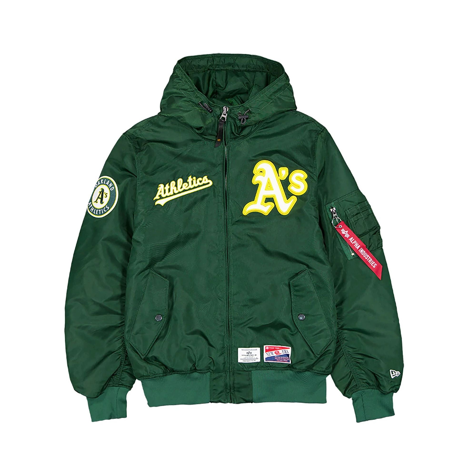 The Male model is wearing Oakland Athletics MLB x Alpha Industries Dark Green Hooded Bomber Jacket 1