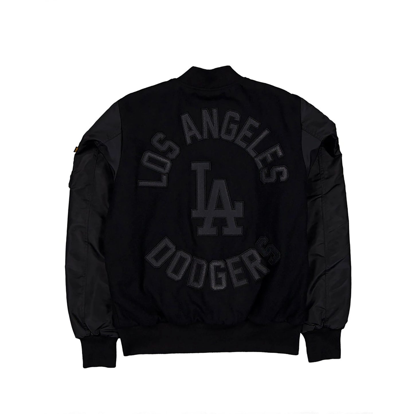 The Male model is wearing LA Dodgers MLB x Alpha Industries Black On Black Varsity Jacket 2