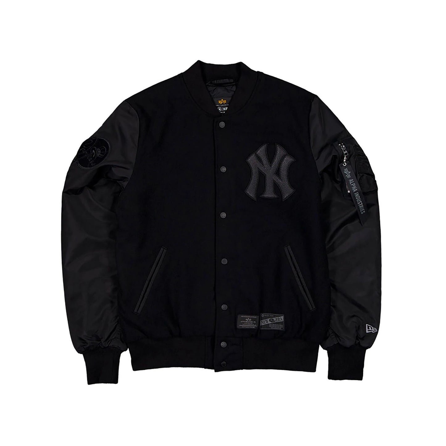 The Male model is wearing New York Yankees MLB x Alpha Industries Black On Black Varsity Jacket 1