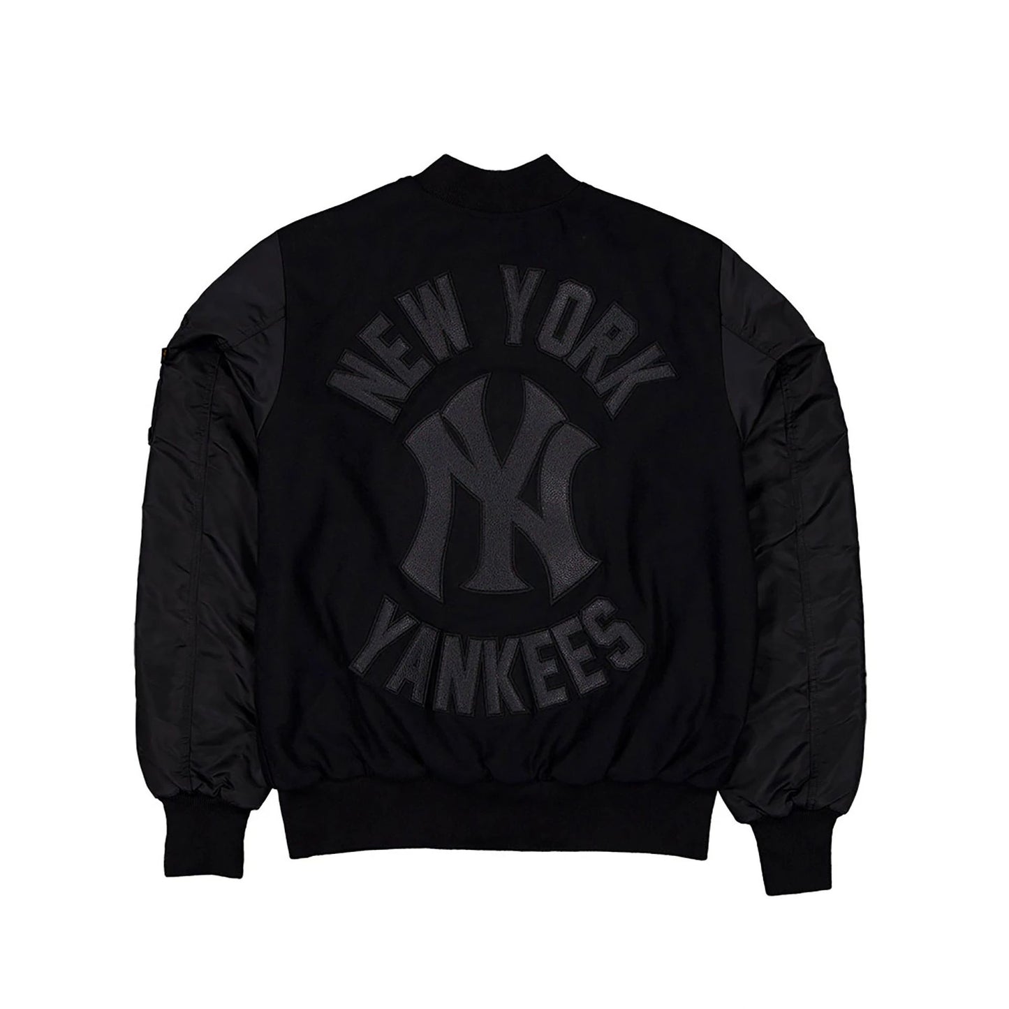 The Male model is wearing New York Yankees MLB x Alpha Industries Black On Black Varsity Jacket 2