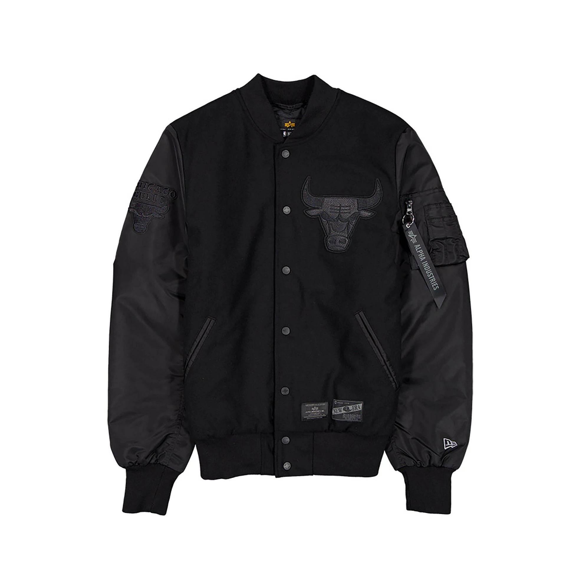 The Male model is wearing Chicago Bulls NBA x Alpha Industries Black On Black Varsity Jacket 1