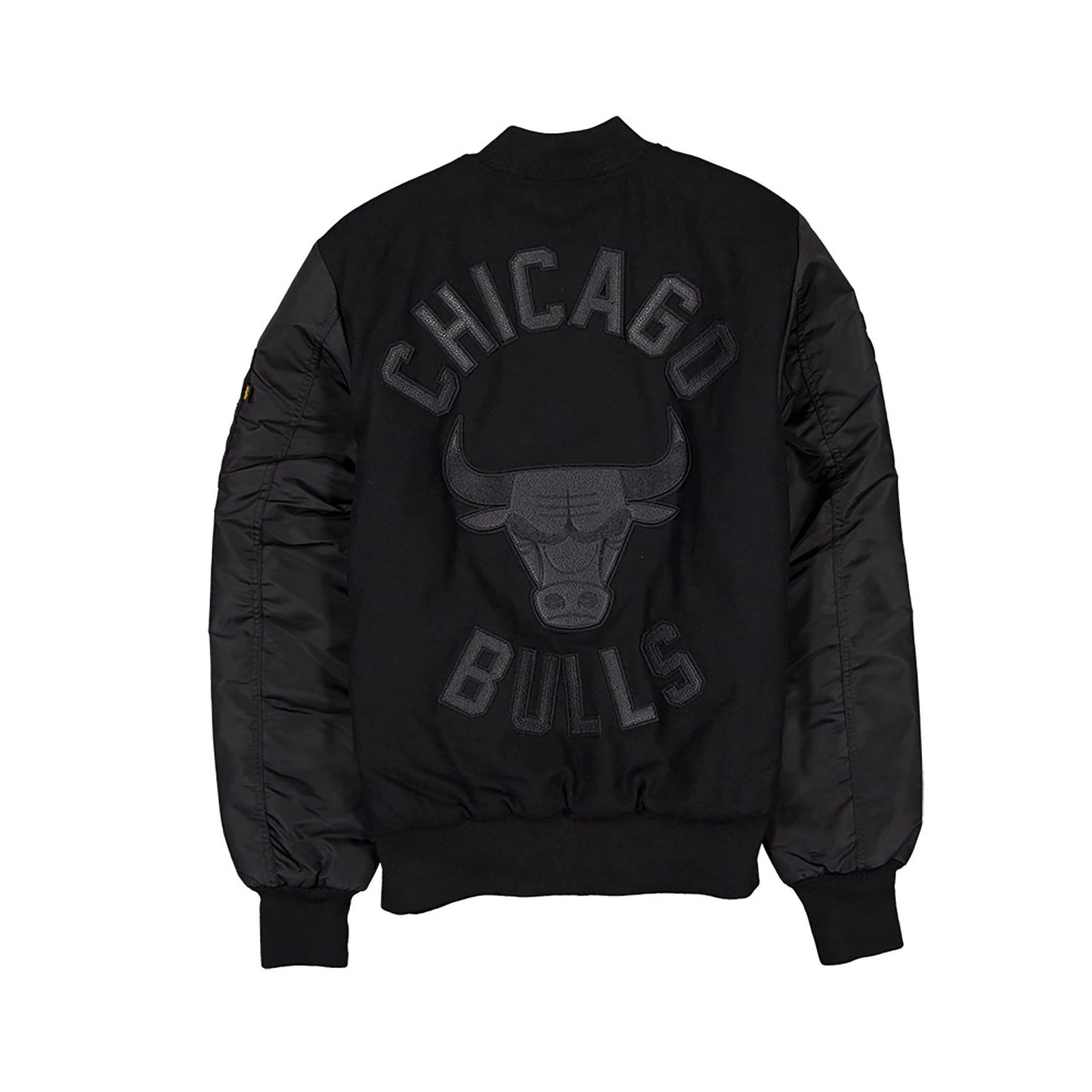 The Male model is wearing Chicago Bulls NBA x Alpha Black On Black Varsity Jacket 2