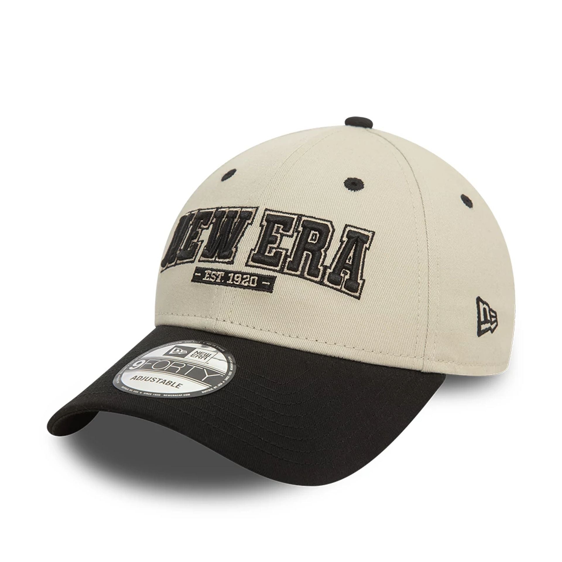 This is a New Era Script Contrast Stone and Black 9FORTY Adjustable Cap 1