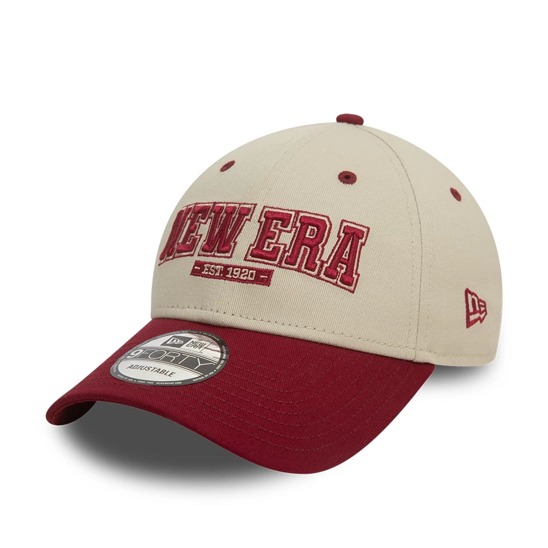 This is a New Era Script Contrast Stone and Red 9FORTY Adjustable Cap 1