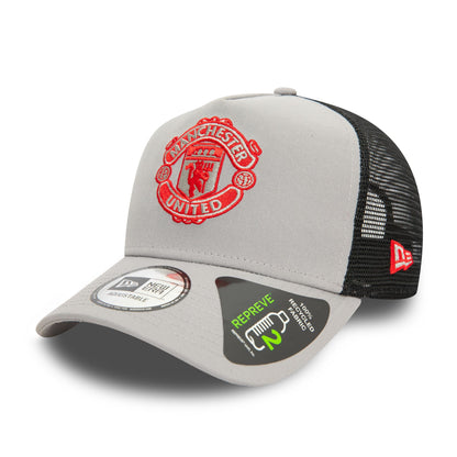 This is a Manchester United FC Seasonal Repreve Grey 9FORTY E-Frame Adjustable Trucker Cap 1