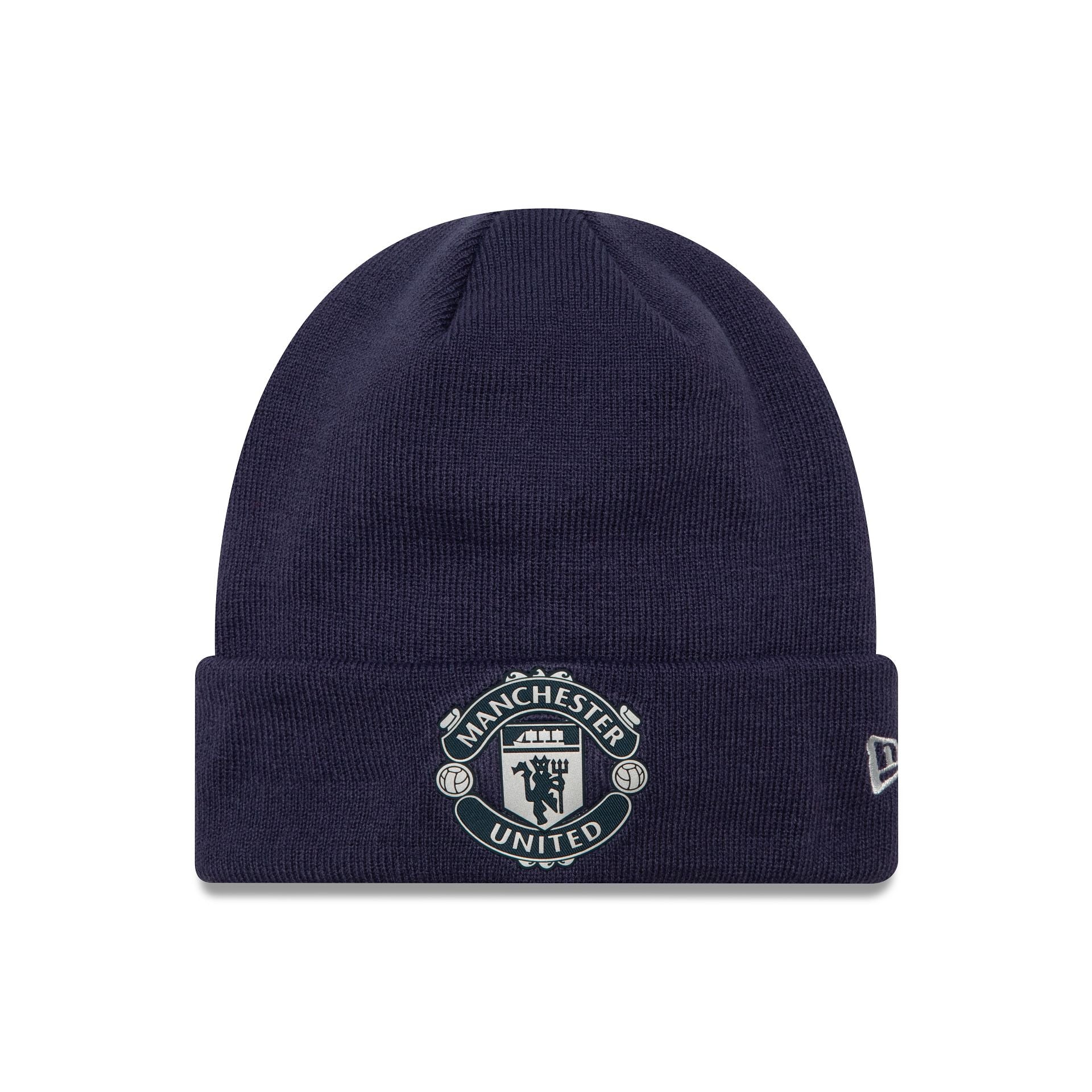 This is a Manchester United FC Rubber Woven Navy Cuff Knit Beanie Hat 1