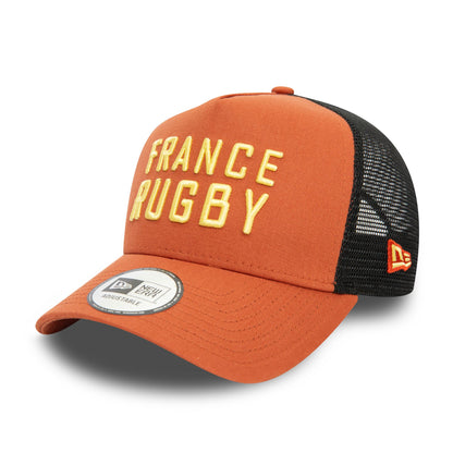 This is a French Federation Of Rugby Seasonal Brown 9FORTY E-Frame Adjustable Trucker Cap 1