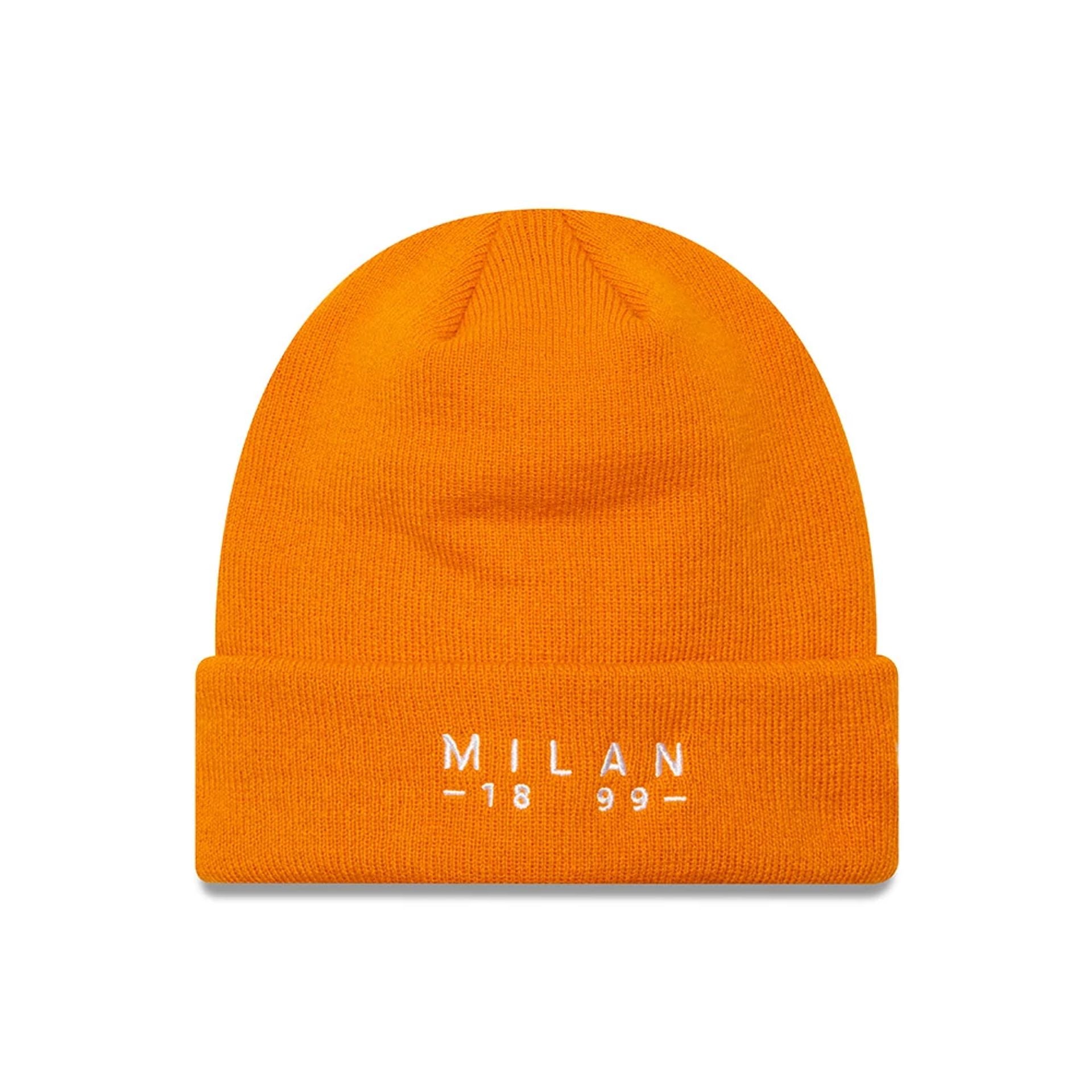 This is a AC Milan Seasonal Wordmark Orange Cuff Knit Beanie Hat 1