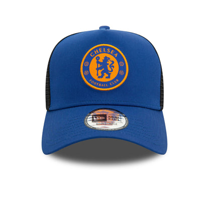 This is a Chelsea FC Lion Crest Seasonal Blue 9FORTY E-Frame Adjustable Trucker Cap 2