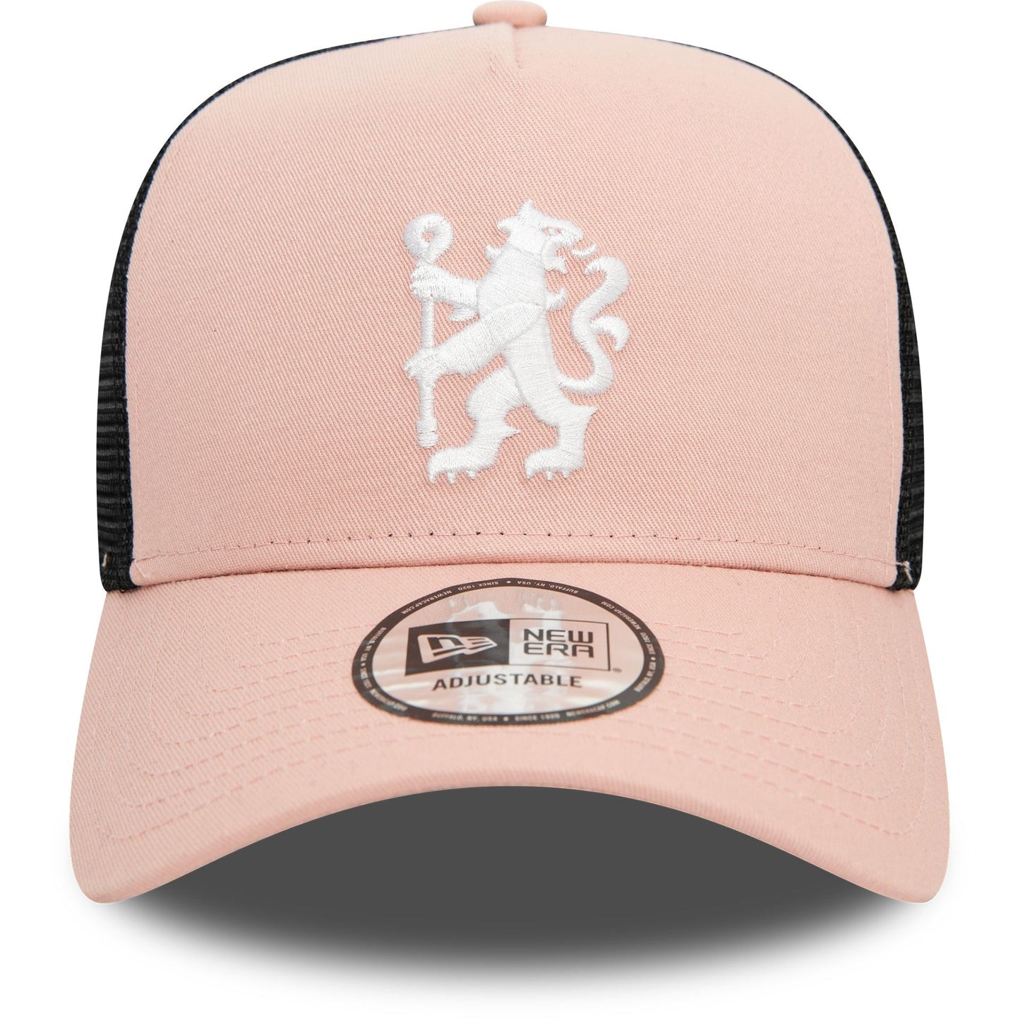 This is a Chelsea FC Lion Crest Seasonal Colour Pastel Pink 9FORTY E-Frame Adjustable Trucker Cap 2