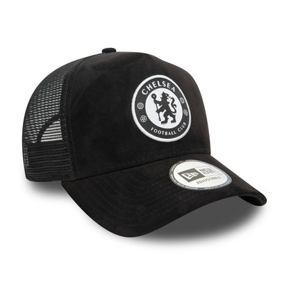 This is a Chelsea FC Lion Crest Faux Suede Black 9FORTY E-Frame Adjustable Trucker Cap 3