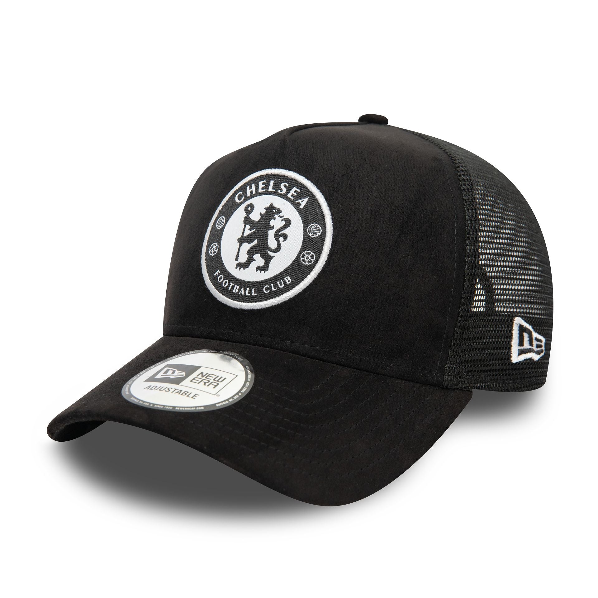 This is a Chelsea FC Lion Crest Faux Suede Black 9FORTY E-Frame Adjustable Trucker Cap 1