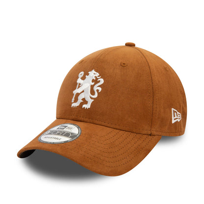 This is a Chelsea FC Lion Crest Faux Suede Dark Brown 9FORTY Adjustable Cap 1