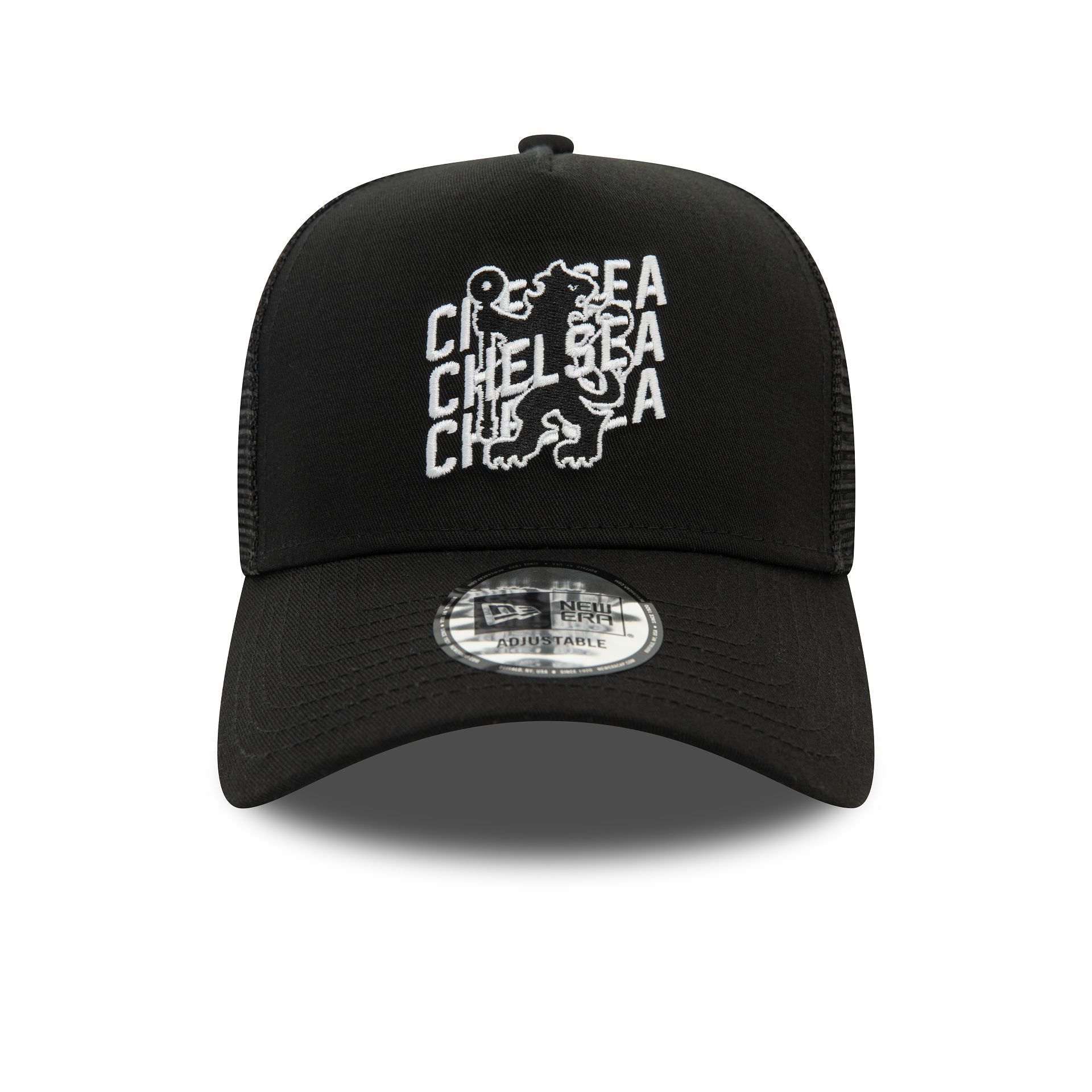 This is a Chelsea FC Wordmark Overlay Black 9FORTY E-Frame Adjustable Trucker Cap 3