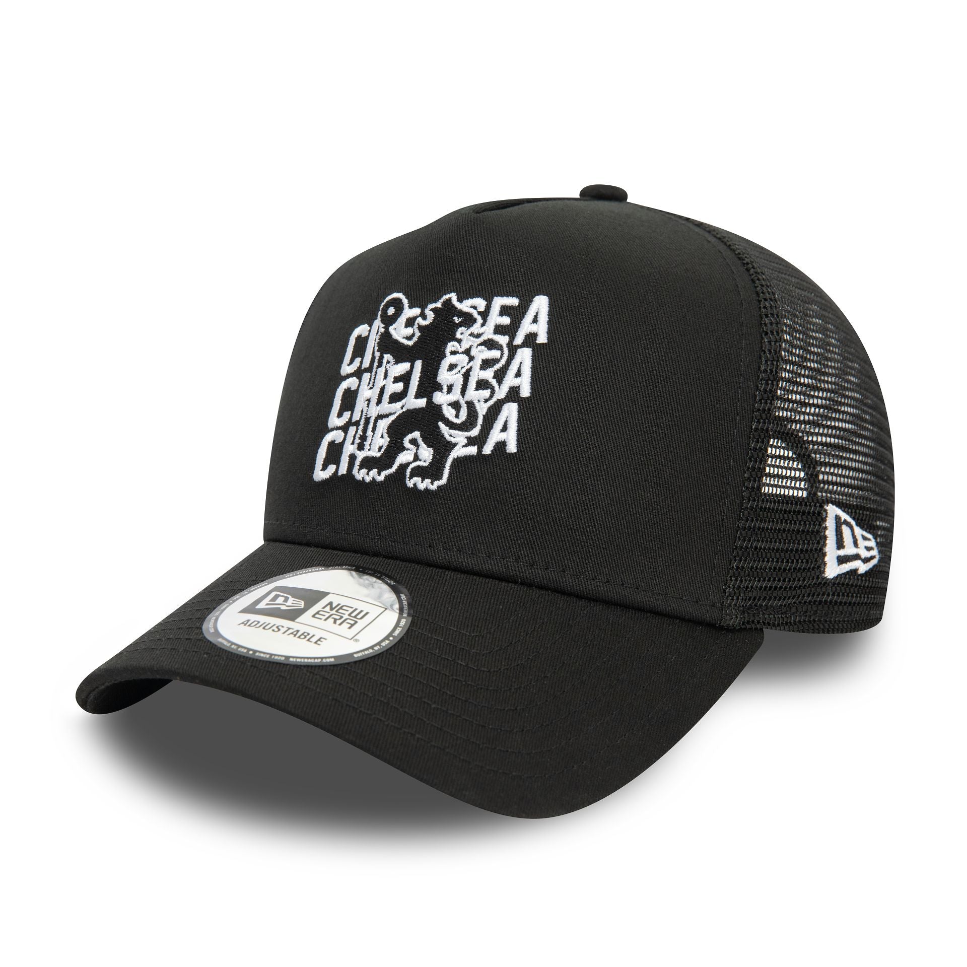 This is a Chelsea FC Wordmark Overlay Black 9FORTY E-Frame Adjustable Trucker Cap 1