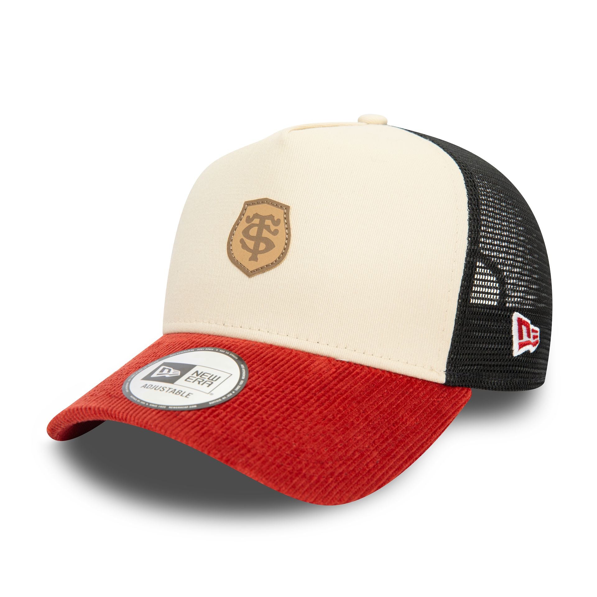 This is a Stade Toulousain Micro Cord Light Beige 9FORTY E-Frame Adjustable Trucker Cap 1