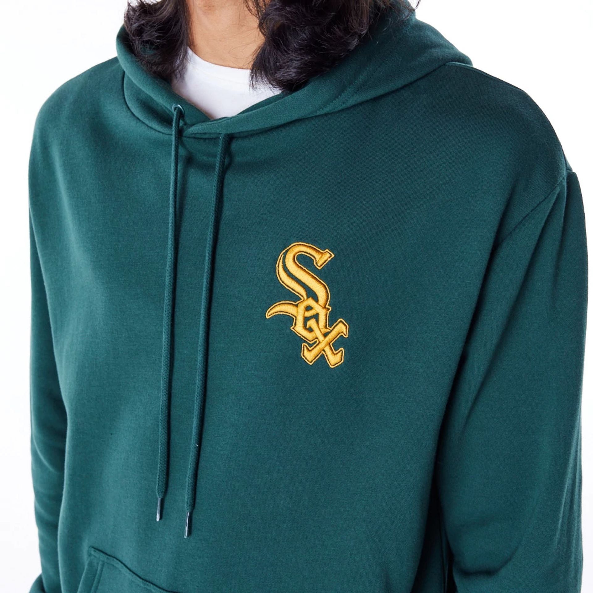 The Male model is wearing Chicago White Sox League Essential Dark Green Oversized Pullover Hoodie 4