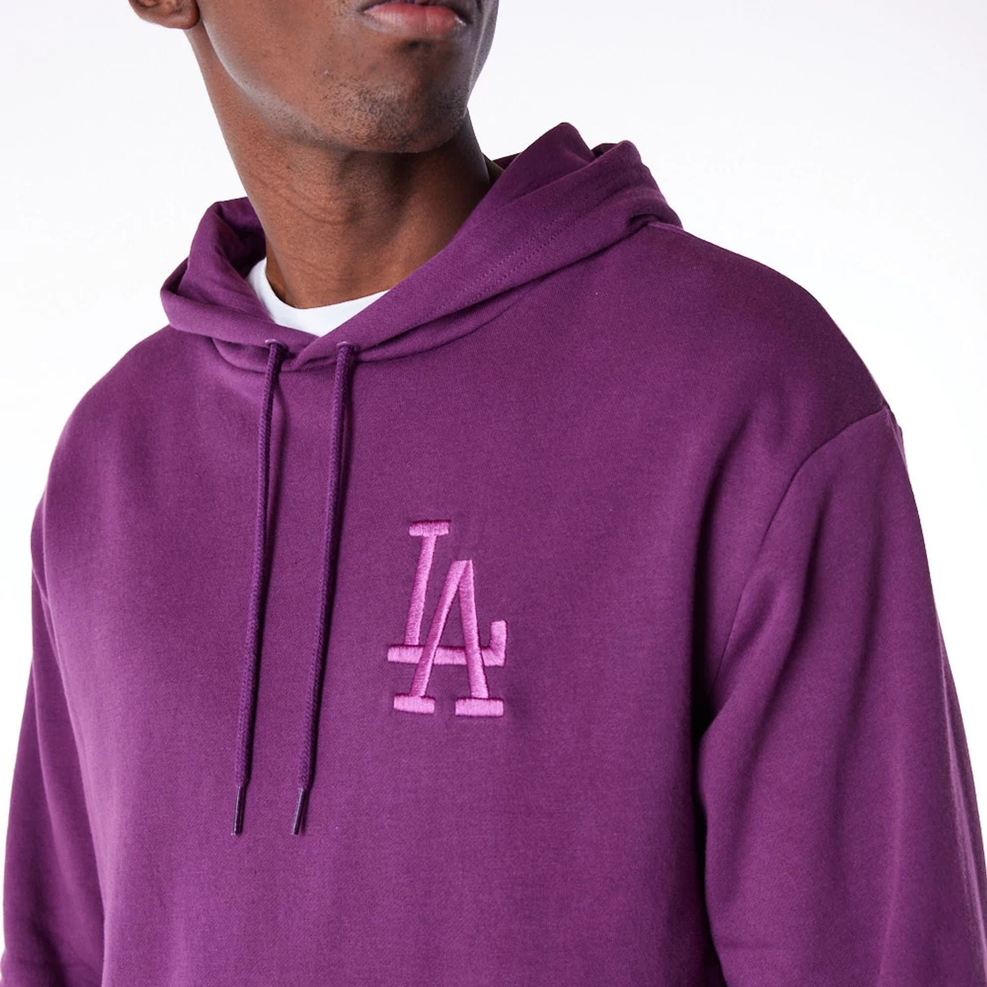 The Male model is wearing LA Dodgers League Essential Dark Purple Oversized Pullover Hoodie 2