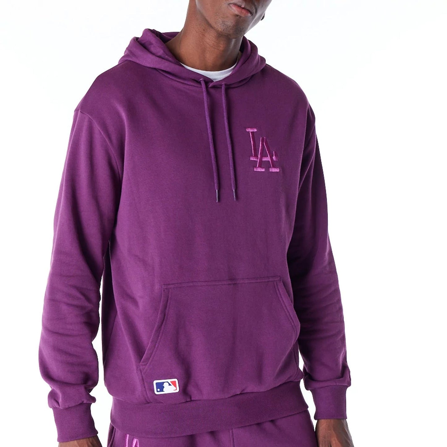 The Male model is wearing LA Dodgers League Essential Dark Purple Oversized Pullover Hoodie 7