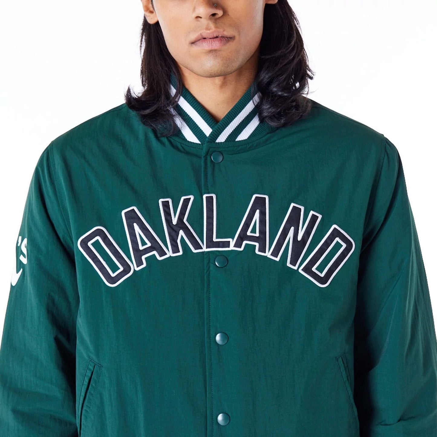 The Male model is wearing Oakland Athletics MLB Wordmark Dark Green Bomber Jacket 2