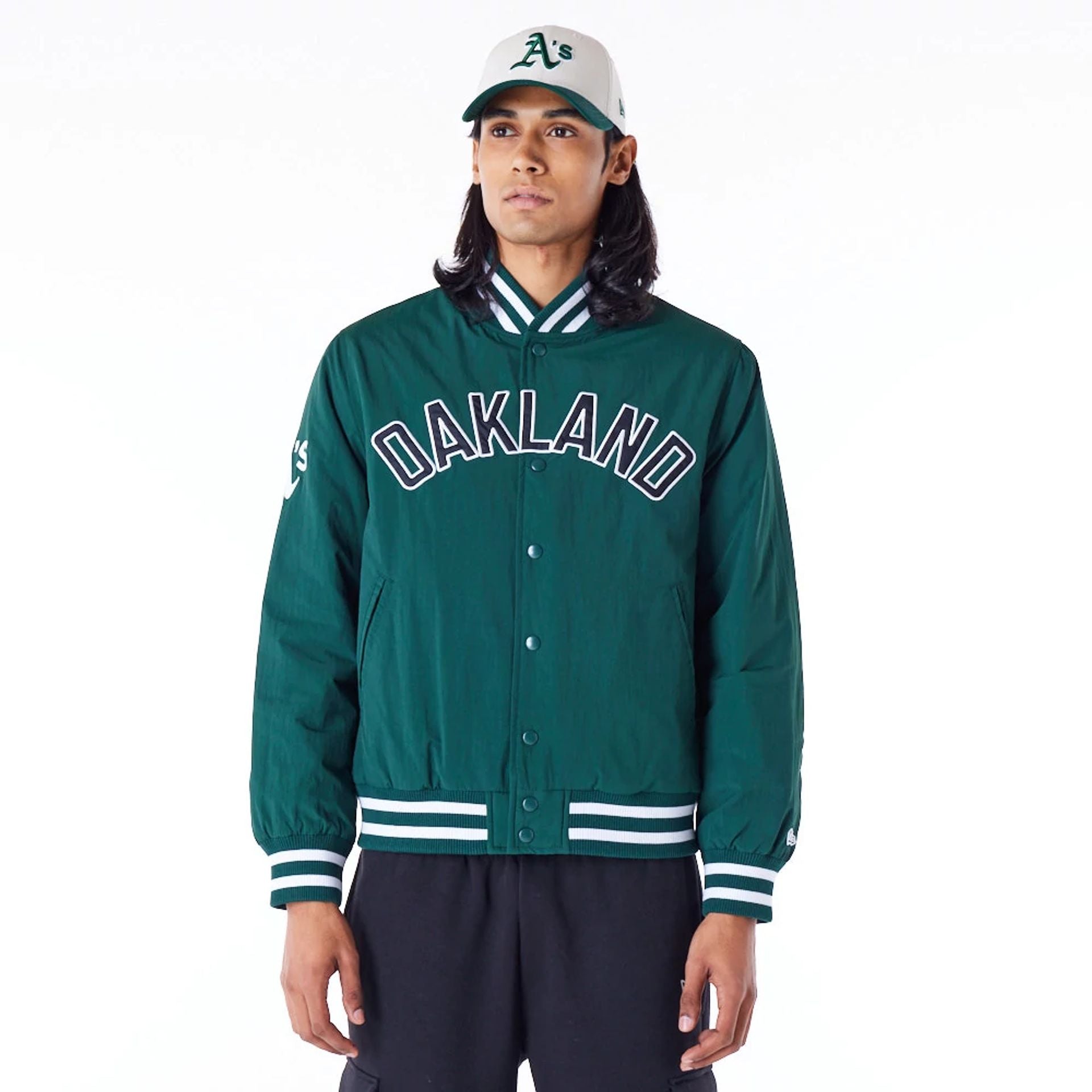 The Male model is wearing Oakland Athletics MLB Wordmark Dark Green Bomber Jacket 1