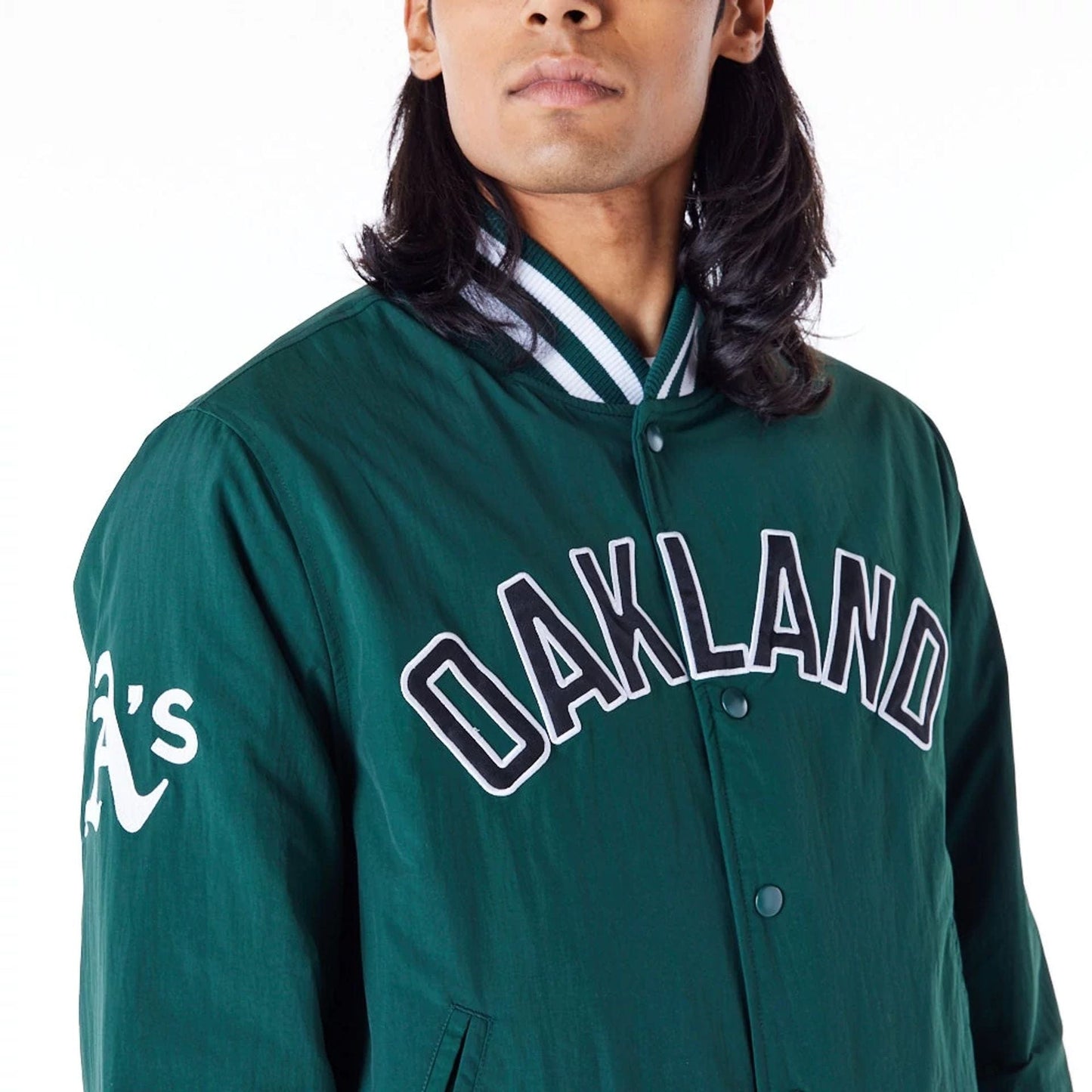 The Male model is wearing Oakland Athletics MLB Wordmark Dark Green Bomber Jacket 5