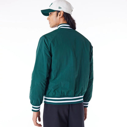 The Male model is wearing Oakland Athletics MLB Wordmark Dark Green Bomber Jacket 7