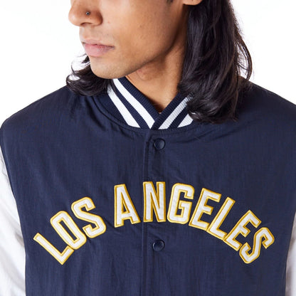 The Male model is wearing LA Dodgers MLB Wordmark Navy Bomber Jacket 2