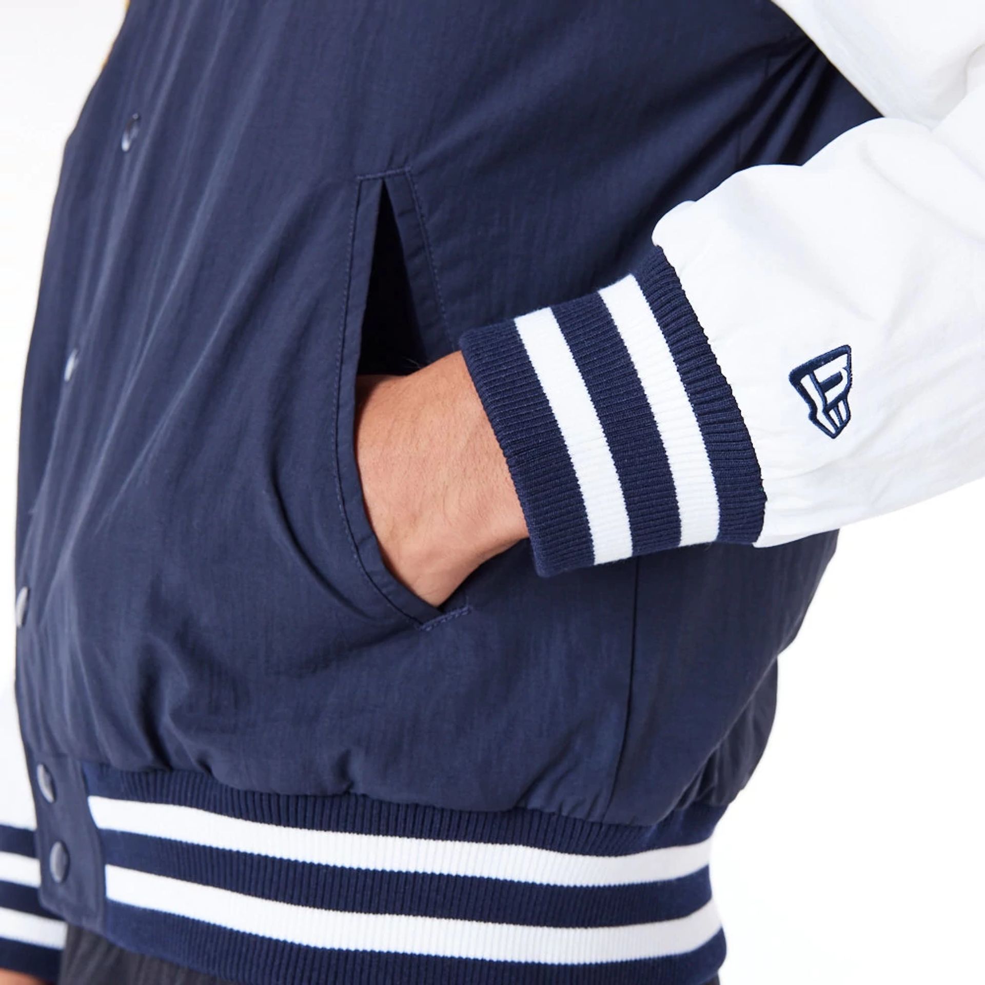 The Male model is wearing LA Dodgers MLB Wordmark Navy Bomber Jacket 6