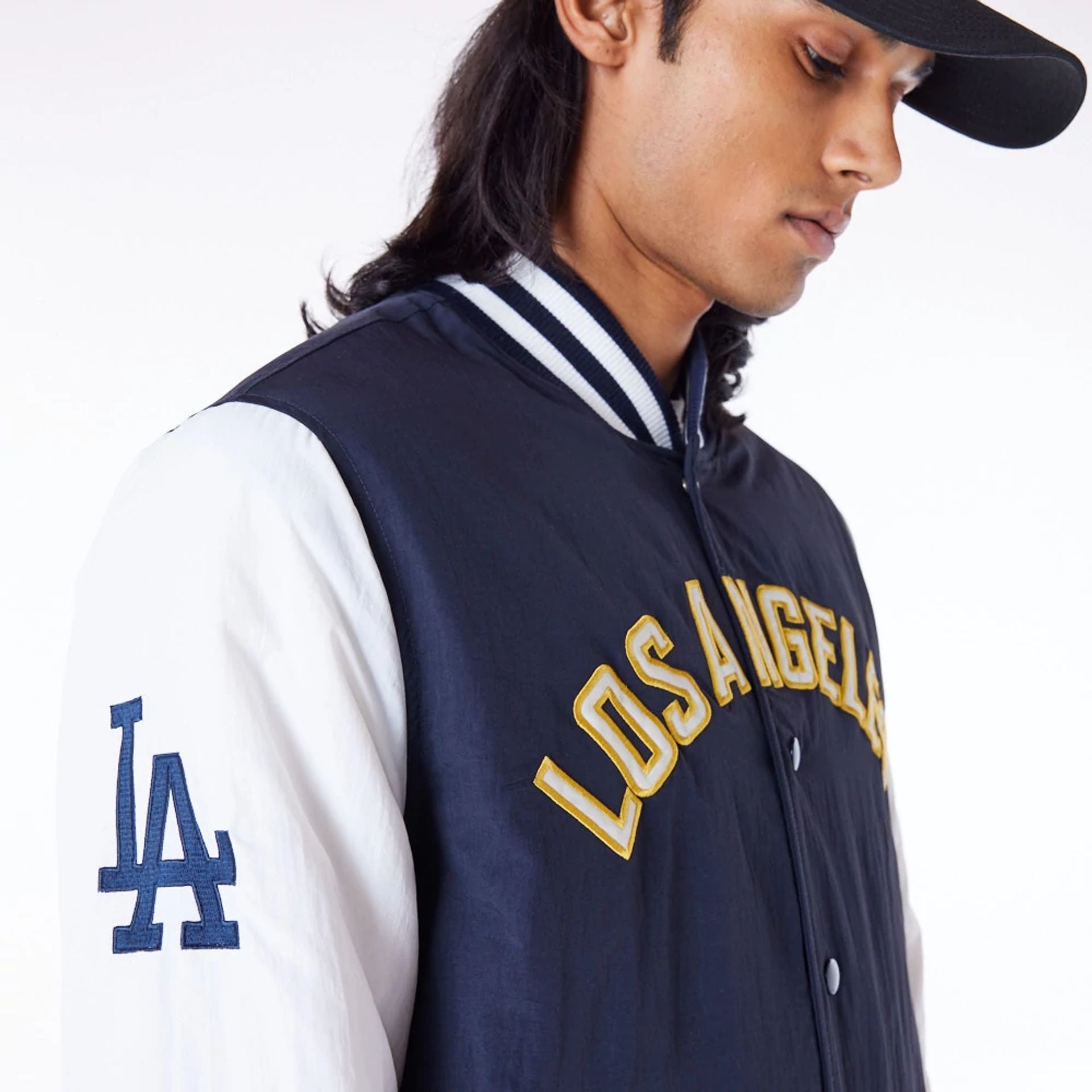 The Male model is wearing LA Dodgers MLB Wordmark Navy Bomber Jacket 3