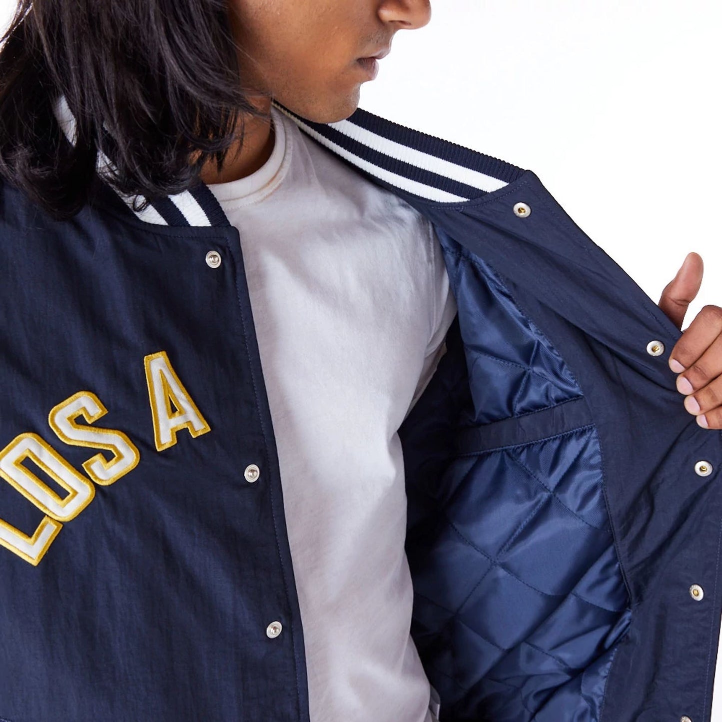 The Male model is wearing LA Dodgers MLB Wordmark Navy Bomber Jacket 4