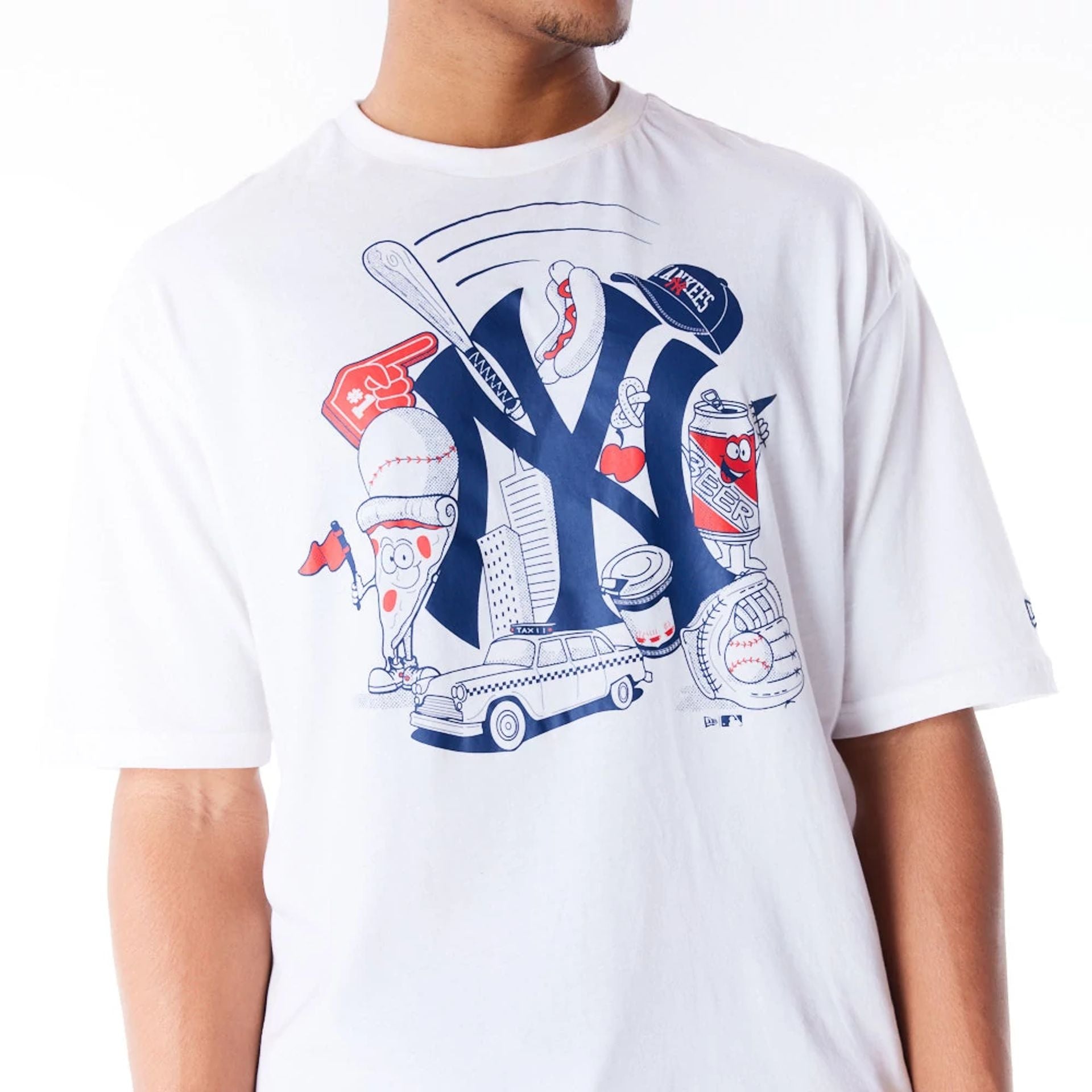 The Male model is wearing New York Yankees MLB Food Graphic White Oversized T-Shirt 2