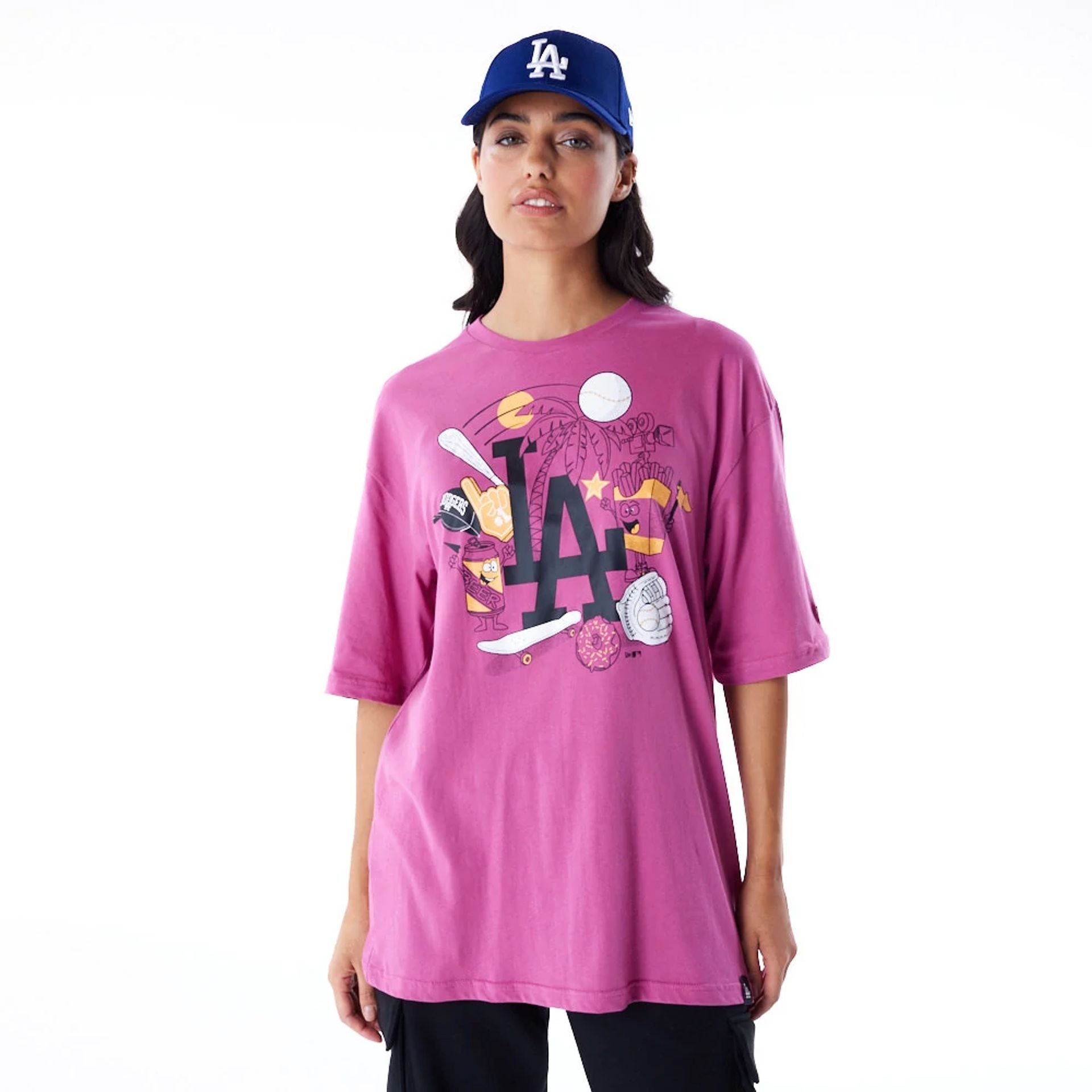 The Male model is wearing LA Dodgers MLB Food Graphic Purple Oversized T-Shirt 3