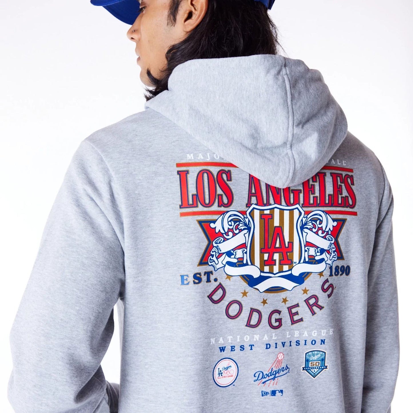 The Male model is wearing LA Dodgers MLB Badge Graphic Grey Pullover Hoodie 3