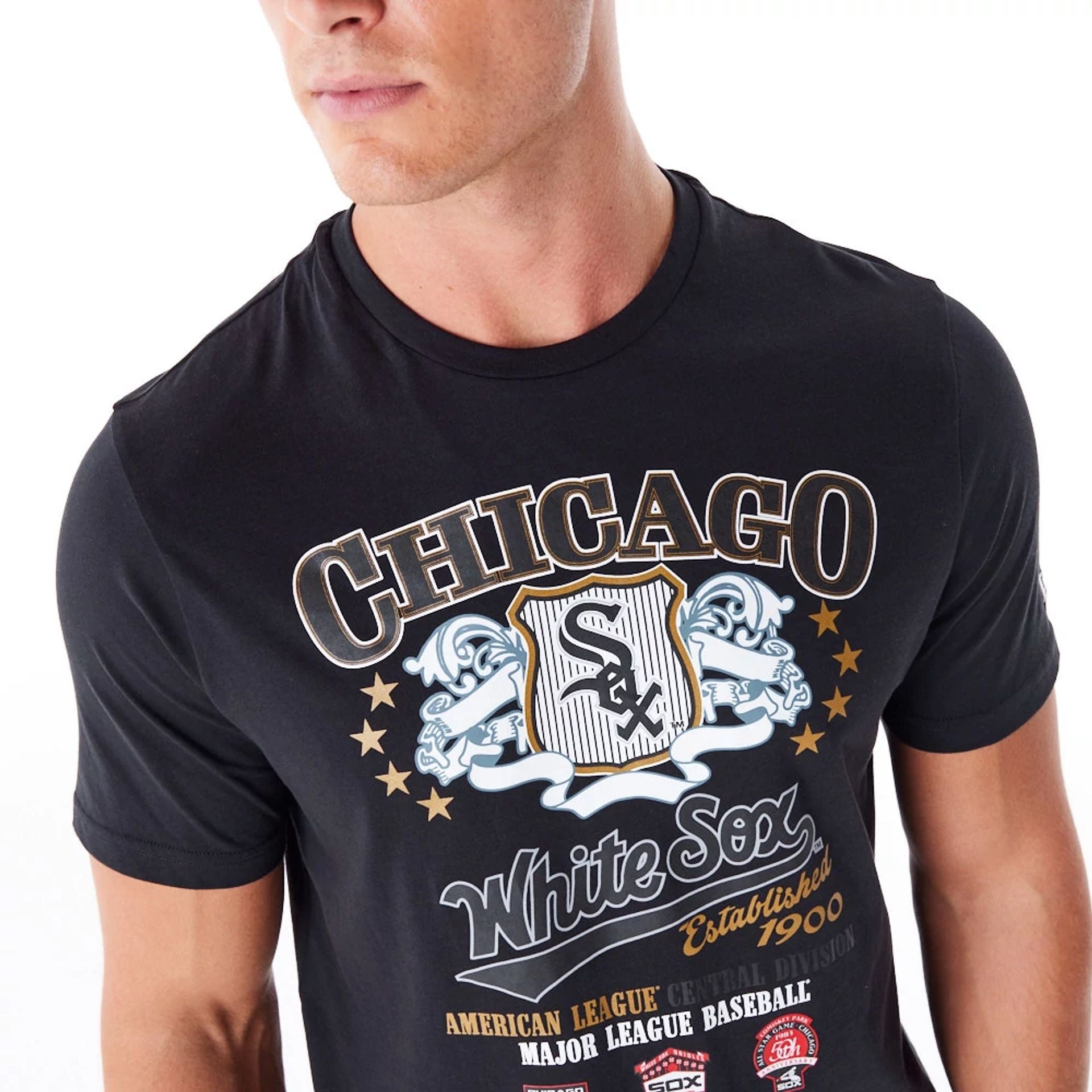 The Male model is wearing Chicago Cubs MLB Badge Graphic Black T-Shirt 2