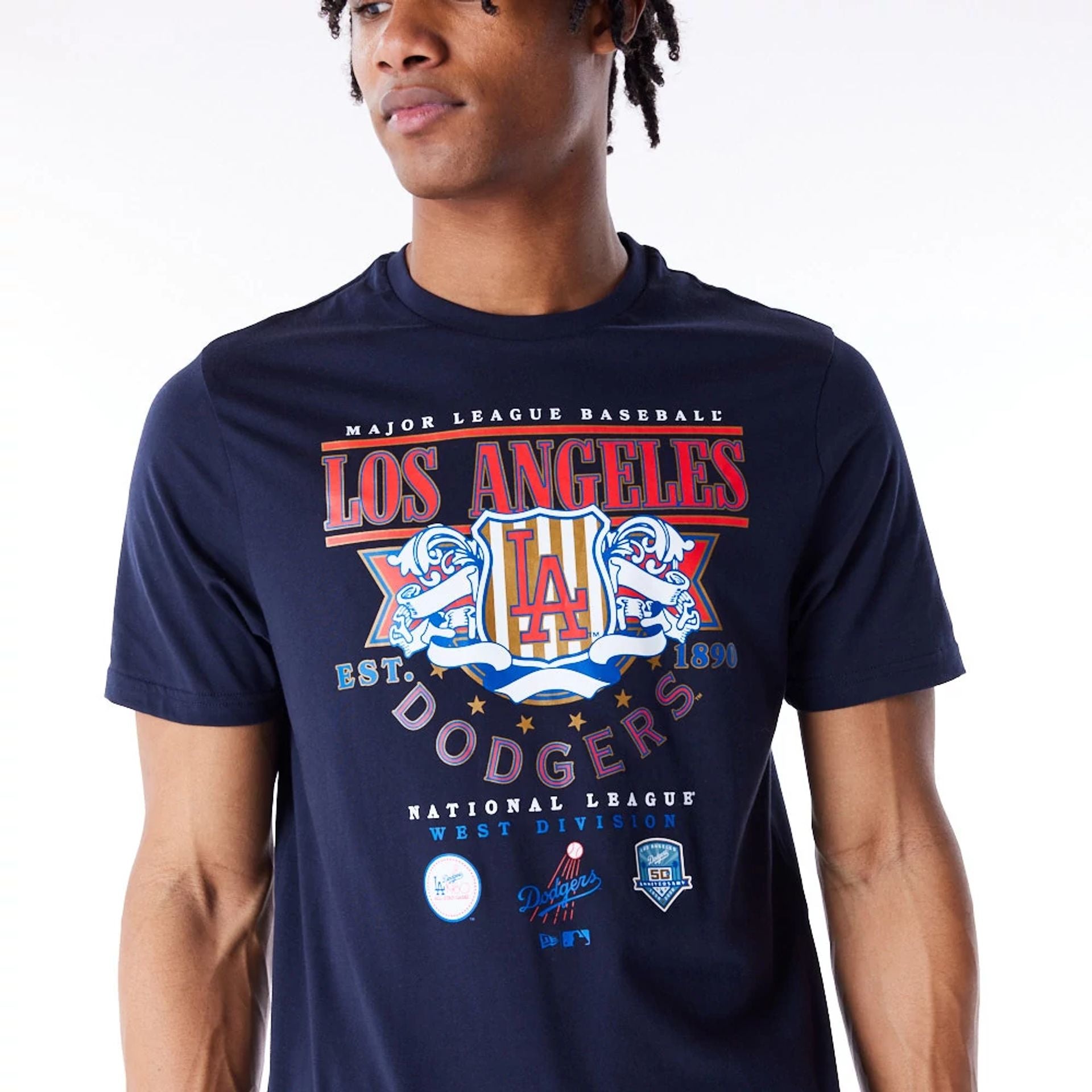 The Male model is wearing LA Dodgers MLB Badge Graphic Navy T-Shirt 4