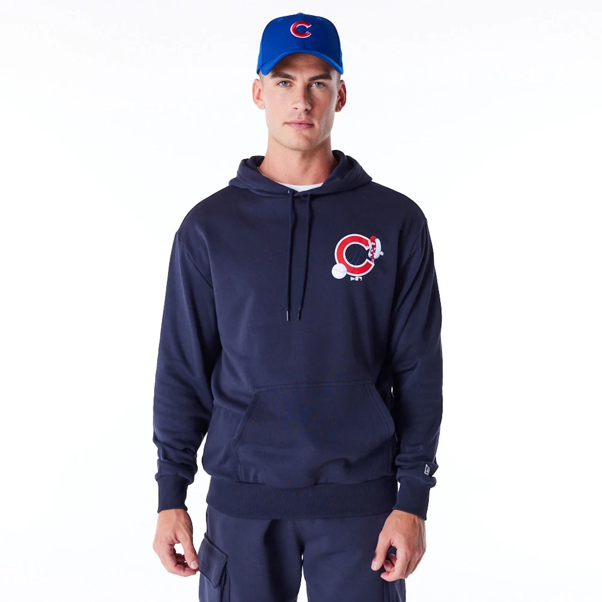 The Male model is wearing Chicago Cubs MLB Food Graphic Navy Oversized Pullover Hoodie 1