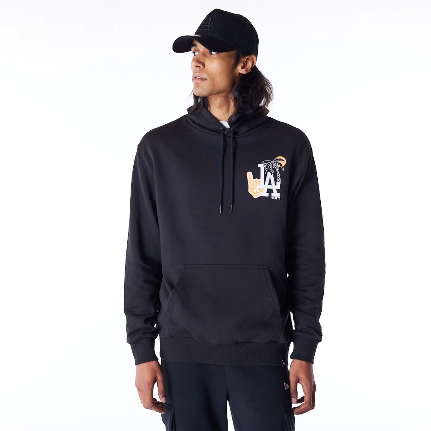 The Male model is wearing LA Dodgers MLB Graphic Black Oversized Pullover Hoodie 1