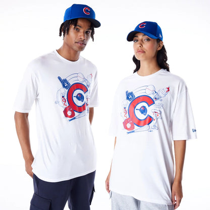 The Male model is wearing Chicago Cubs MLB Food Graphic White Oversized T-Shirt 2