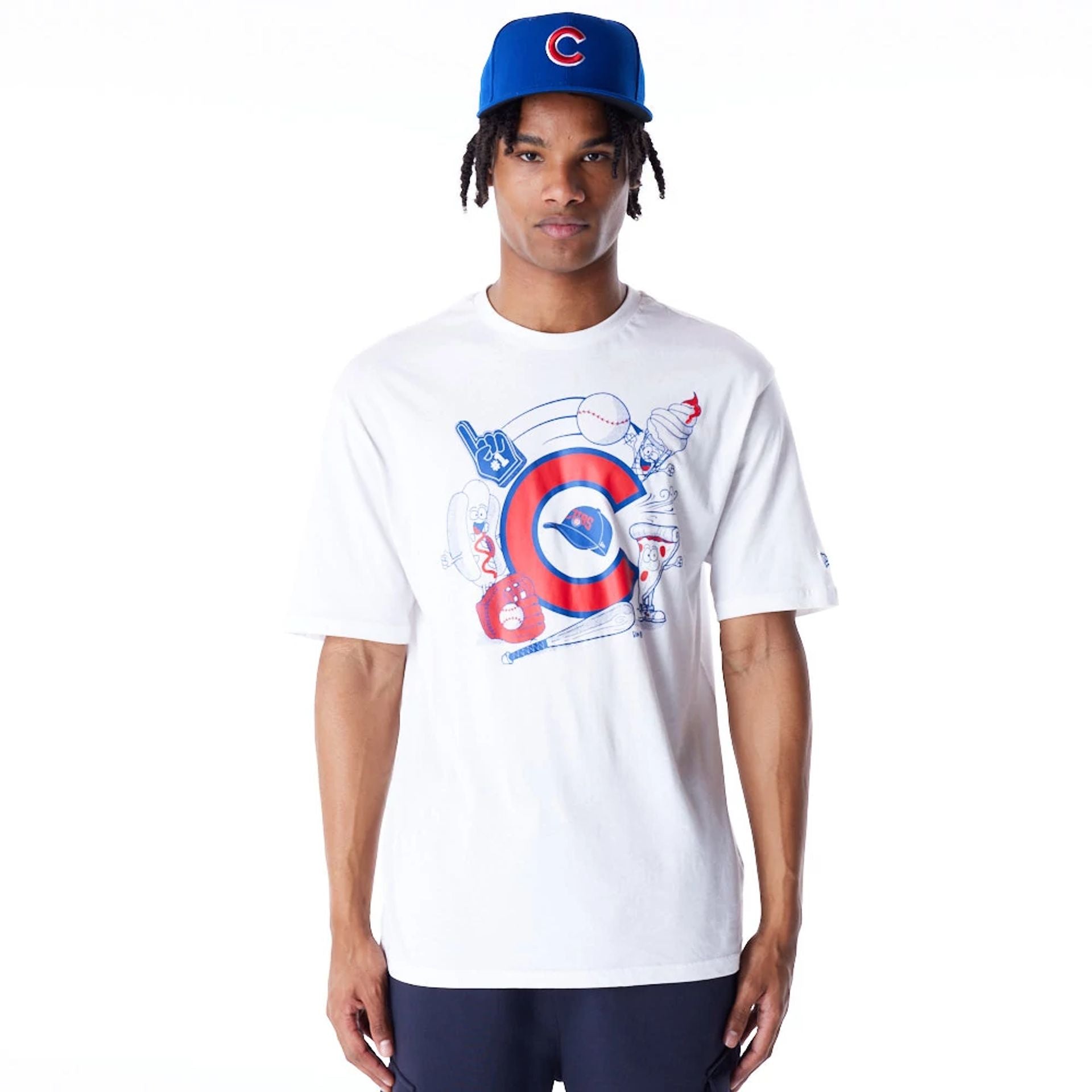 The Male model is wearing Chicago Cubs MLB Food Graphic White Oversized T-Shirt 1